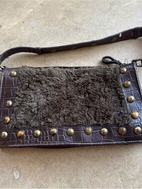 Brown Faux Fur & Croc-Embossed Stud Shoulder Bag
